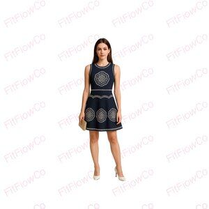 Navy Embroidered Fit & Flare Sleeveless Dress | Size S